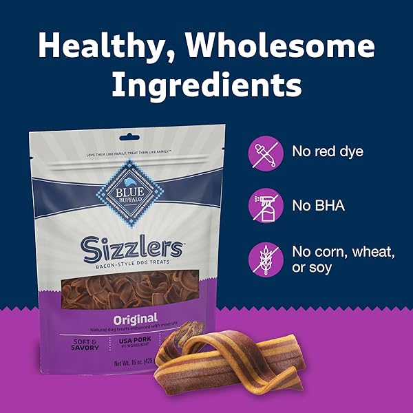 BLUE BUFFALO SIZZLERS BACON-STYLE DOG TREATS WITH REAL USA PORK, ORIGINAL FLAVOR, 28-OZ BAG