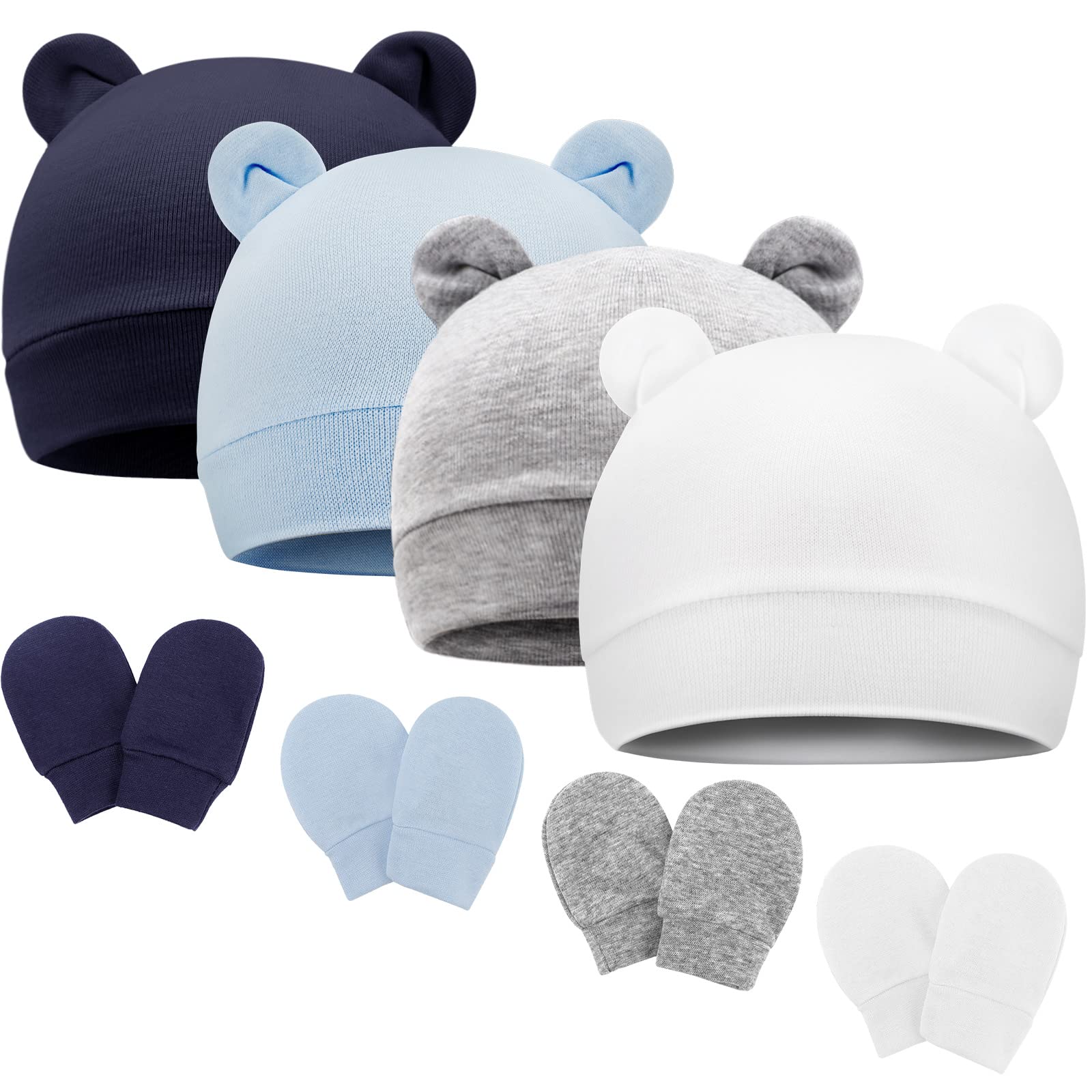 Photo 1 of BQUBO Newborn Baby Hats Bear Ears and Mittens Sets Preemie Cotton Caps Baby Boy Girl Infant Hospital Beanie for 0-3 Months
