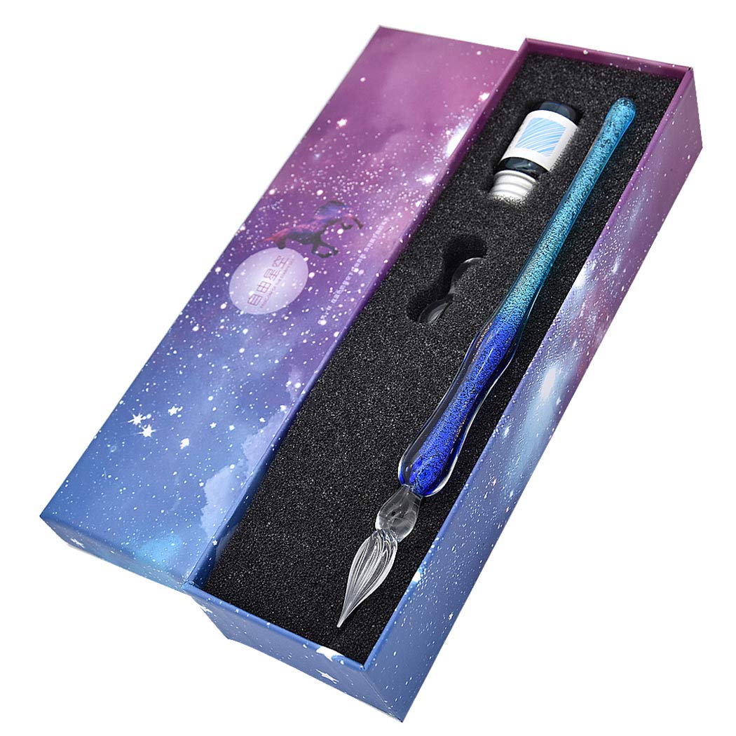 SIPLIV Handmade Glass Dip Pen Ink Set, Crystal Sparkling Signature Drawing Calligraphy Writing Pen with Bottle Ink and Pen Holder - Gradient Blue