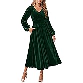ZESICA Women's Velvet Midi Dress 2026 Casual V Neck Long Sleeve Solid Color Elastic High Waist Flowy Evening Party Dresses