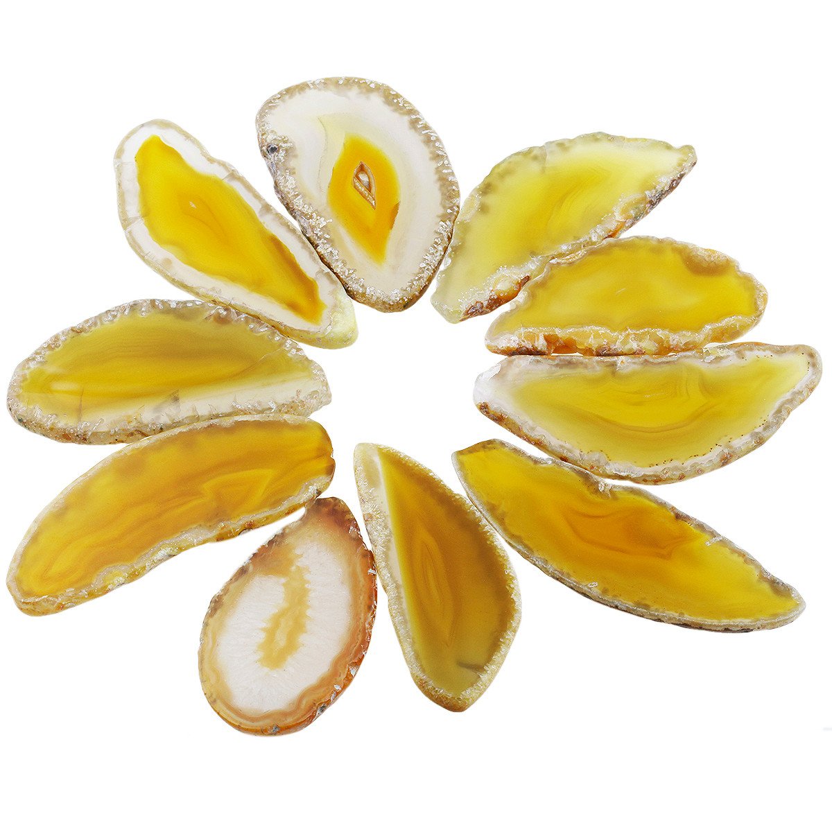 Shanxing Undrilled Yellow Agate Slices Geode Irregular Stone Healing Crystal for Wedding Place Cards Reiki Desk Decor, Set of 10, Each 1.8-3.1inch/45-80mm Long