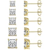MDFUN 5 Pairs Square Earrings Set for Women Hypoallergenic 18K White Gold/Yellow Gold/Rose Gold Plated Princess Cut Clear Cubic Zirconia Stud Earring 3-7MM Pack of 5