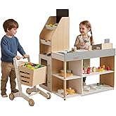 Costzon Grocery Store Pretend Play, Wooden Play Store, Toddler Supermarket Playset with Cash Register, Vending Machine, Chalk