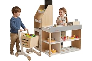 Costzon Grocery Store Pretend Play, Wooden Play Store, Toddler Supermarket Playset with Cash Register, Vending Machine, Chalk