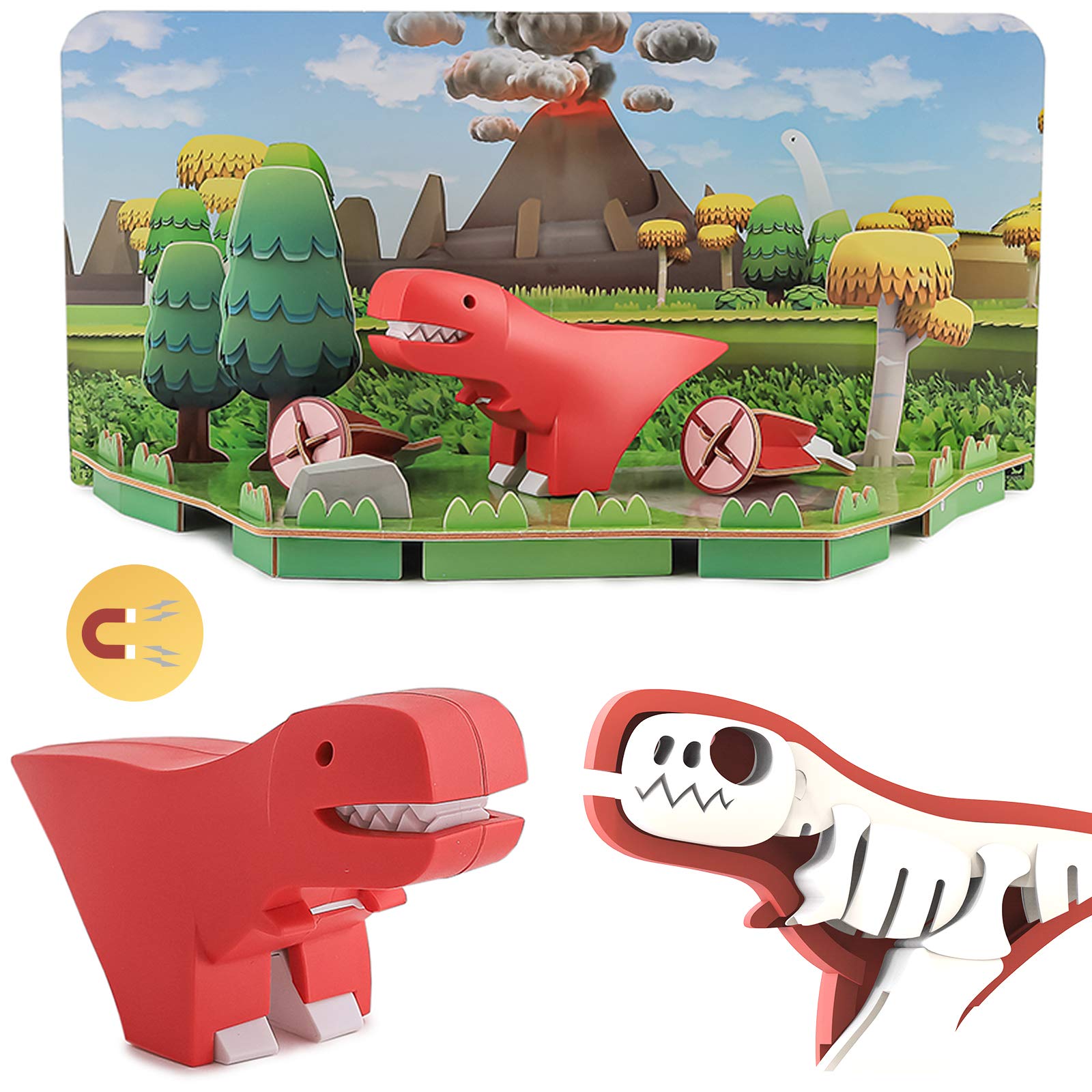 HALFTOYS Dinosaur Toys 3-D Puzzle with Magnets and Paper Dioramas, T-Rex Dinosaur Jigsaw Building Blocks Take Apart Toy for Children 3 Years Olds