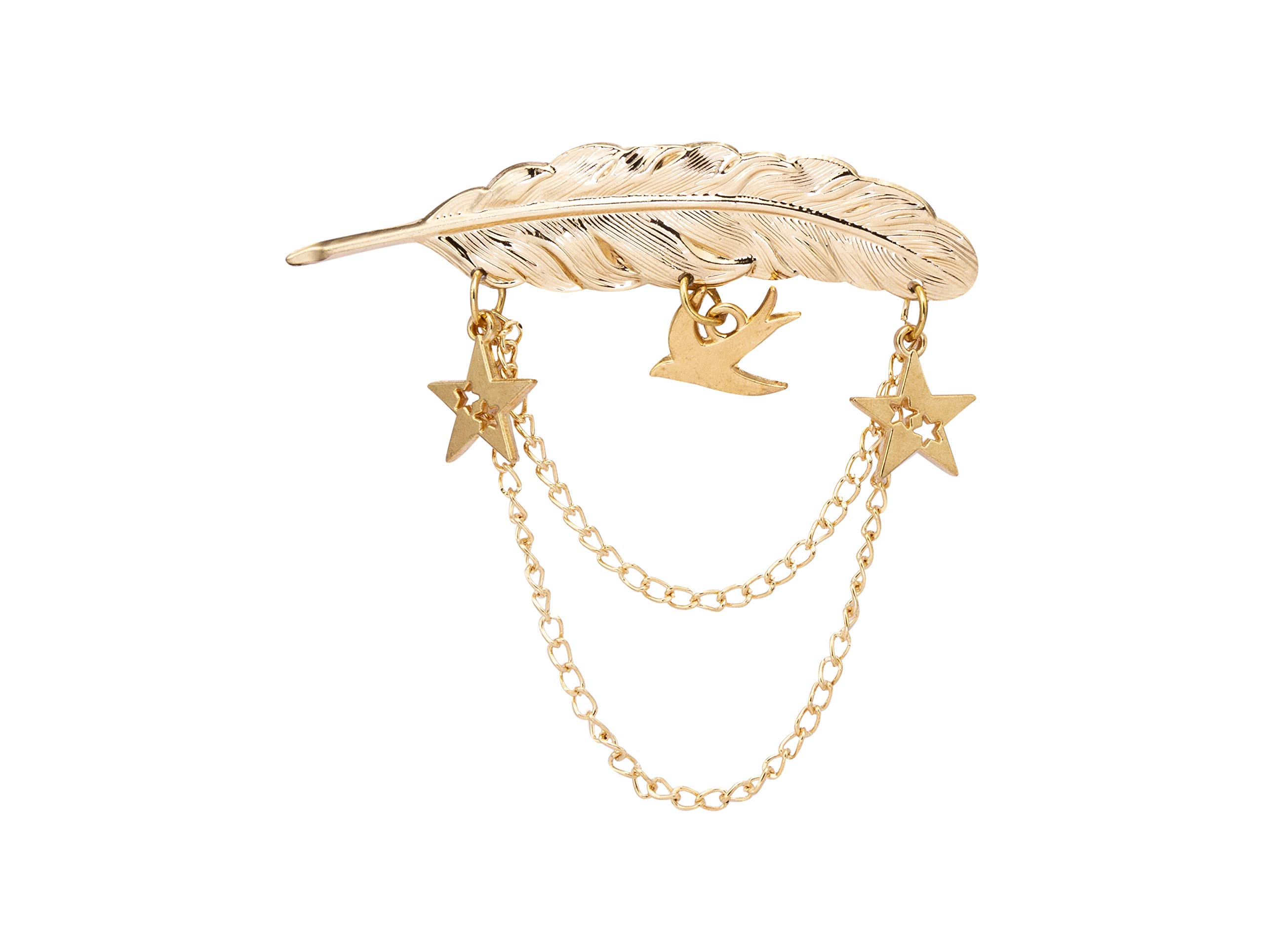 Brooch Lapel Pin for Men Gold Feather with Hanging Stars and Dove Bird Metal Lapel Pin Badge Coat Suit Wedding Gift Party Shirt Collar Accessories
