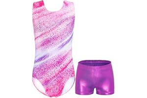 Domusgo Girls Gymnastics Leotards Set One Piece Sleeveless Tumbling Outfits with Matching Shorts Size 5-12 Years Old