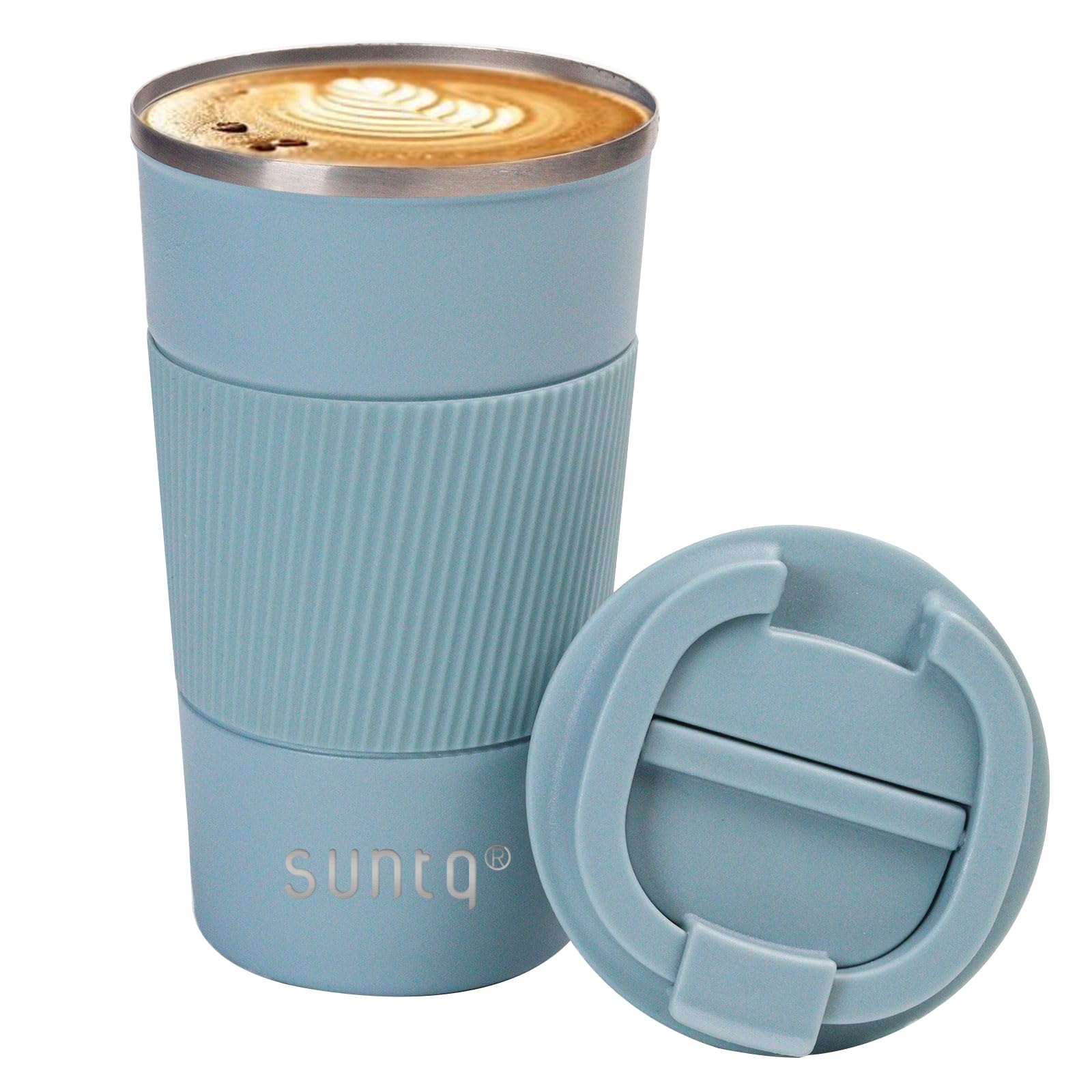 SUNTQ Reusable Coffee Cups Travel 510ml Coffee Travel Mug with Leakproof Lid - Thermal Mug Insulated Cup - Stainless Steel Travel Cup with Rubber Grip for Hot and Cold Drinks Light Blue