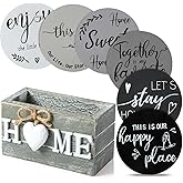 Queekay Coasters Set of 6 House Warming Gifts New Home Wooden Farmhouse Drink Coasters with Holder 4'' Funny Decoration for Kitchen Family Coffee Bar Tabletop Protection(Gray)