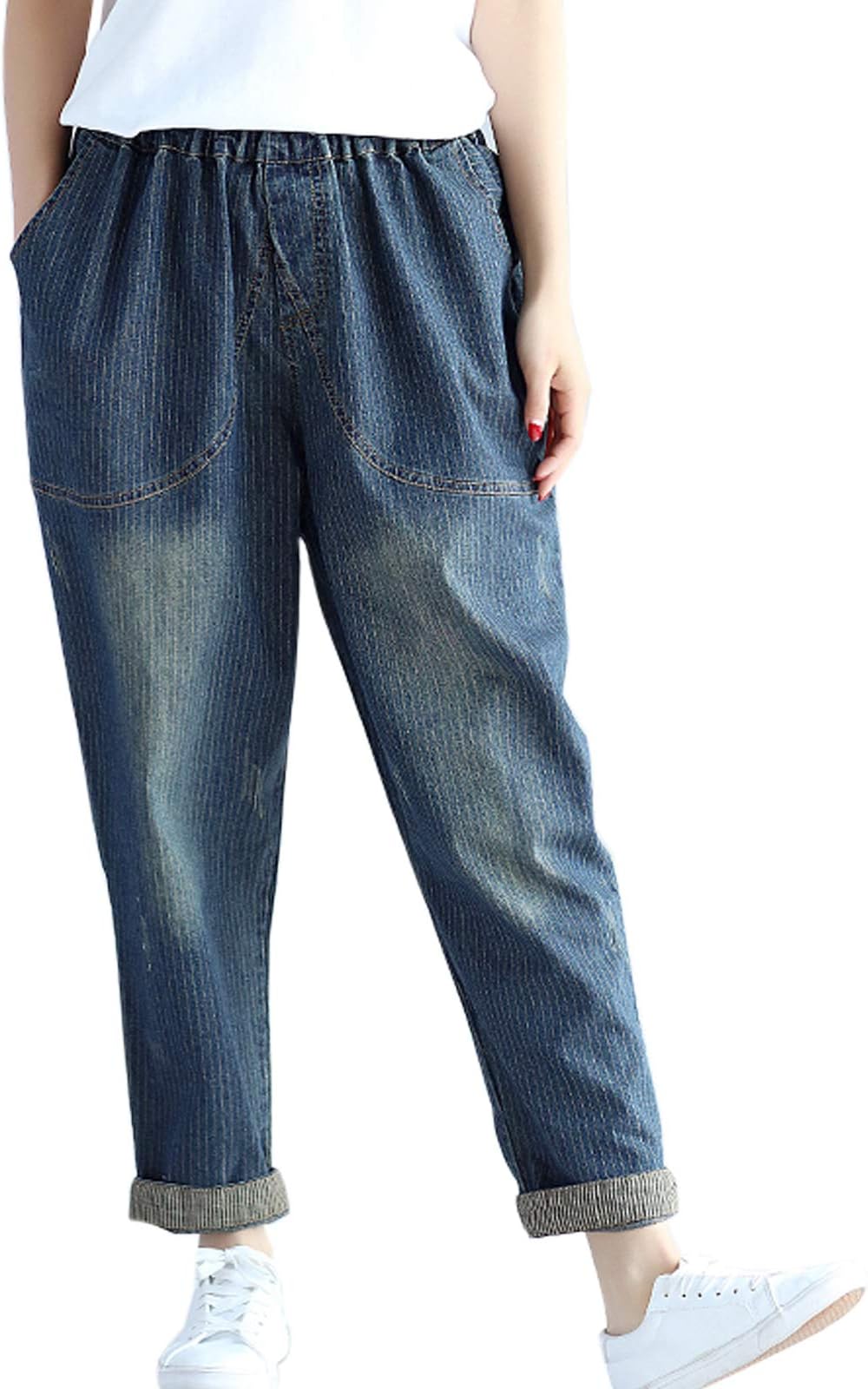 Flygo Women's Casual Loose Distressed Jeans Elastic Waist Harem Cropped Denim Pants