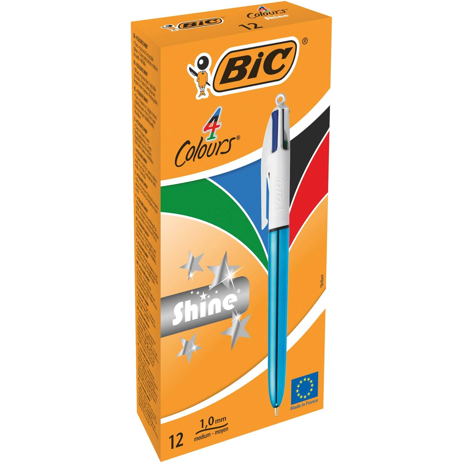 BIC 4 Colours Shine Ballpoint Pens - Metallic Blue Body, Box of 12