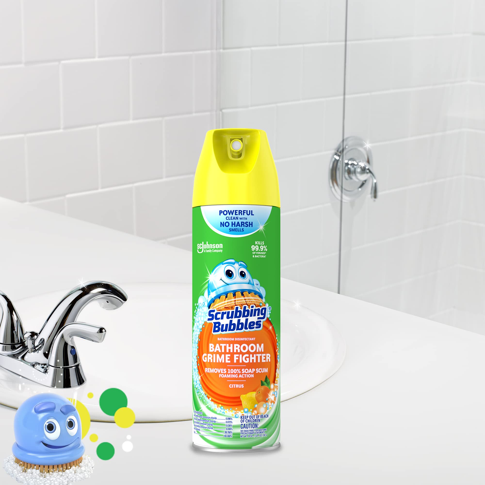 Scrubbing Bubbles Bathroom and Shower Cleaner Disinfectant Aerosol, FoamingAction Bathroom Grime Fighter, Citrus Scent, 20oz (Pack of 6)