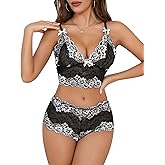 Lilosy Sexy Lace Pajamas Lingerie Set High Waist Sheer Sleepwear Bow Ties Cami Shorts Bra and Panty