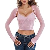 Avidlove Mesh Crop Top with Shrug Long Sleeve Sheer Top Sexy Low Cut Shirt Going Out 2 Pieces Clubwear
