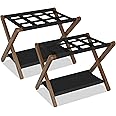 Heybly Luggage Rack, Folding Suitcase Stand with Storage Shelf, Heavy-Duty Luggage Holder for Guest Room Bedroom Hotel, Holds up to 141 lb, Walnut, HLR010WB2
