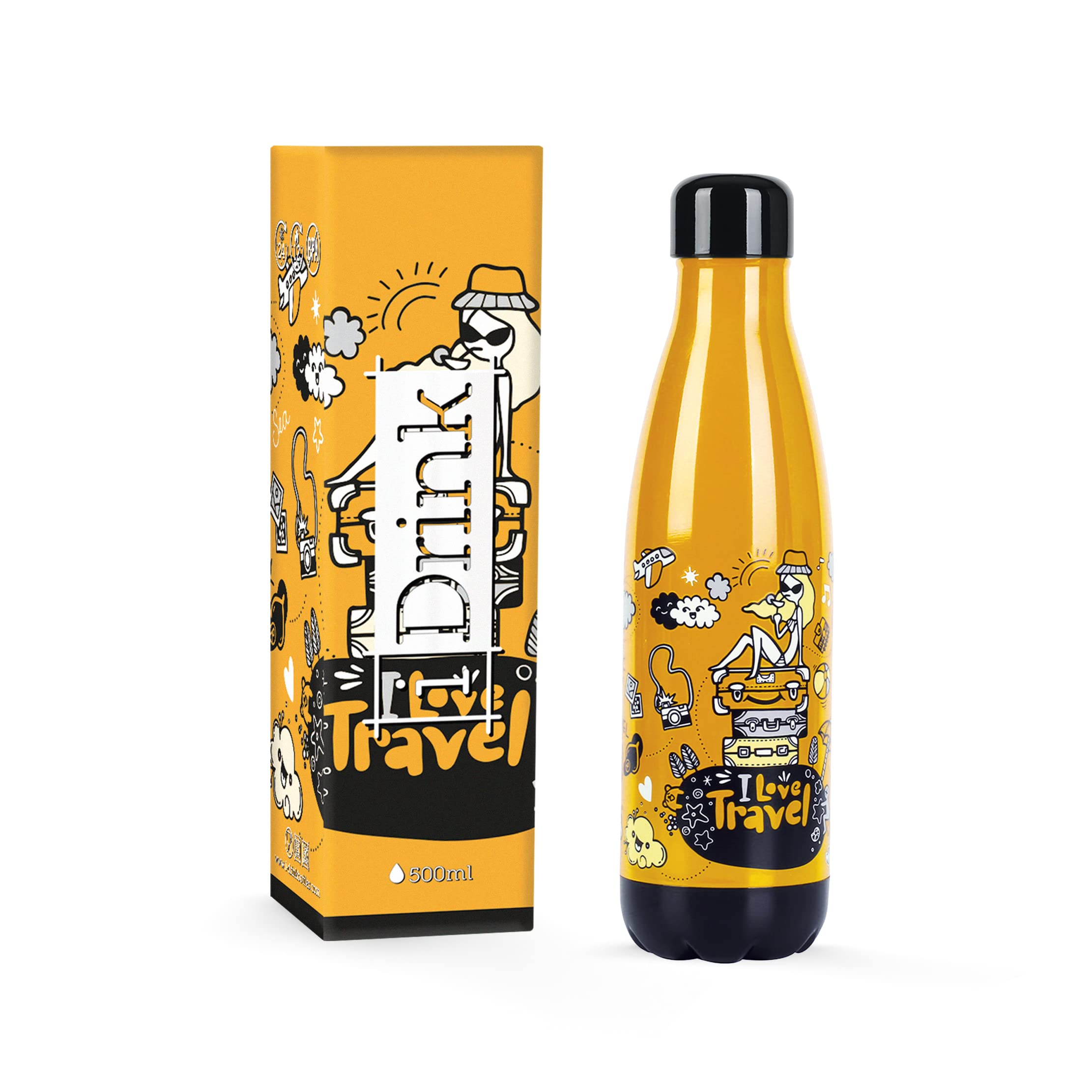 I-Drink Double Wall Steel Thermal Bottle 350/500/750/1.000 ML, Decorated (500 ML, Travel Doodle)