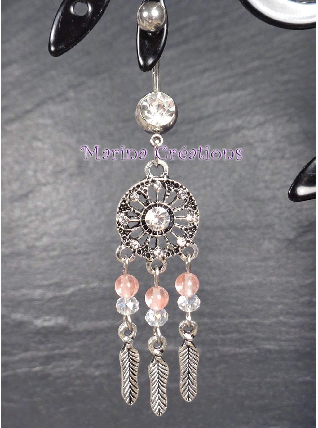 Stainless steel 316L Belly button piercing Dreamcatcher, light pink jade, swarovski crystal, bar length 12mm