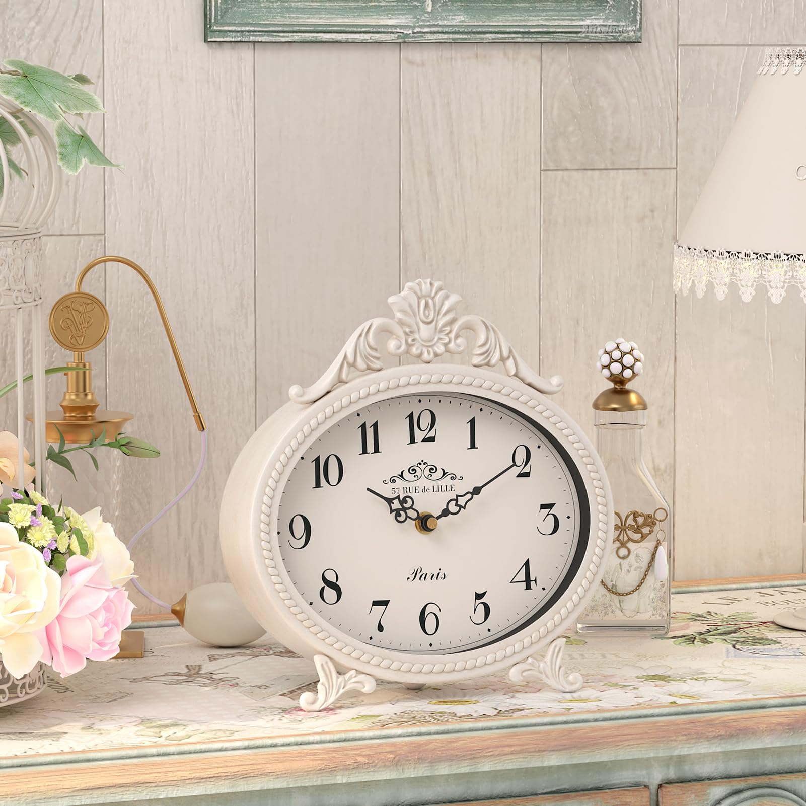 Abdurey Vintage Table Clock on Stand,Desk and Shelf Decorative Clock,French Rustic Style Mantel Clocks,Metal Frame Antique White Finish,Farmhouse,Bedroom, Bedside,Living Room,Gift Clocks