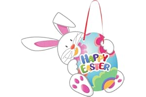 Jetec Happy Easter Front Door Hanging Sign Wooden Bunny Decor with Egg Decor for Easter Home Window Wall Farmhouse Indoor Outdoor Spring Holiday Decorations, 13.8 x 12.2 Inch