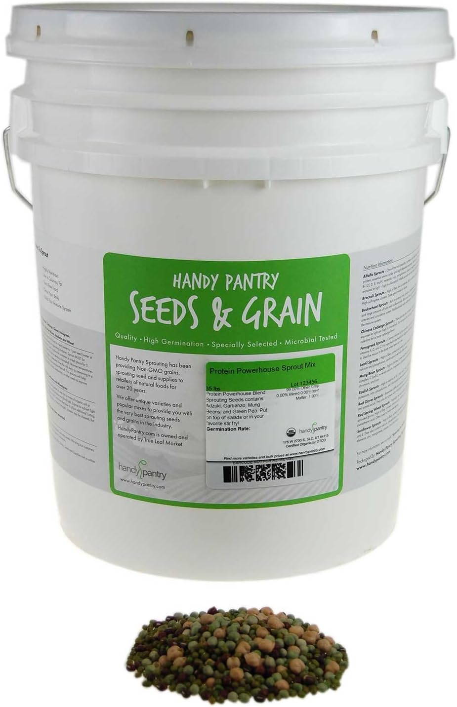 Handy Pantry Protein Powerhouse Sprouting Seed Mix: 35 Lb - Organic, Non-GMO - Sprouting Sprouts, Food Storage. High Protien Sprouts - Pea, Mung, Green Pea, Adzuki