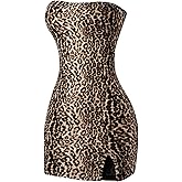 Floerns Women's Leopard Print Sleeveless Tube Top Club Dress Split Bodycon Mini Dress