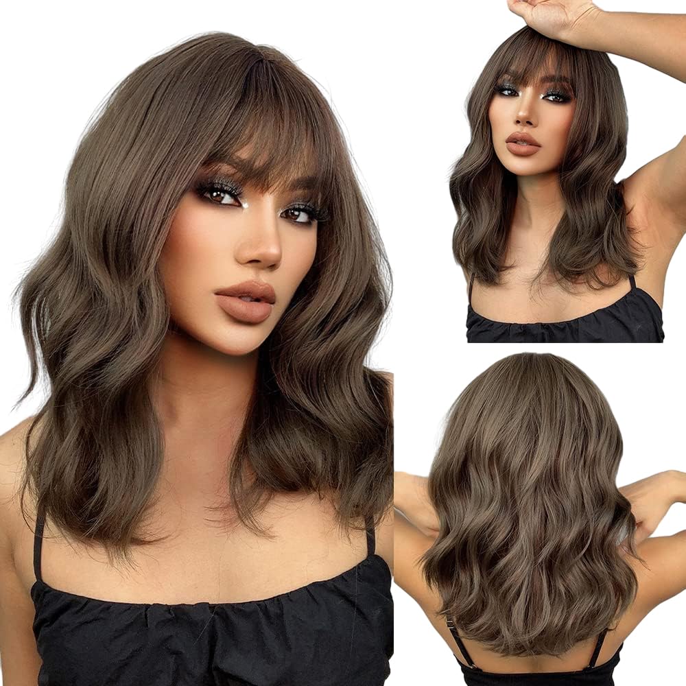 EMMOR Long Wavy Brown Wig for Women, Synthetic Wigs Made of Natural Wavy Hair with Fringe, Parties, Cosplay, Daily Use, incl. 2 Wig Caps