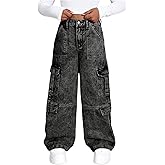 GORGLITTER Girl's Baggy Cargo Jeans High Elastic Waisted Denim Cargo Pants Y2K Boyfriend Skater Trousers Streetwear