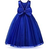 Uhnice Flower Girl Pearls Dress V-Back Tulle Ball Gown Satin Prom with Bow-Knot for Wedding Pageant Birthday Party