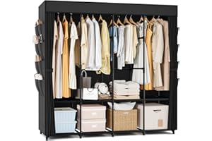 BrFoYu Portable Closet for Hanging Clothes, 67 Inch Wide Portable Wardrobe Closet with Cover, 4 Hanging Rod, Storage Shelves and Side Pockets, Large Free Standing Closet for Bedroom, Black