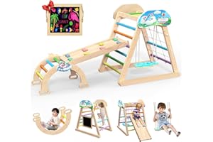 HAFTKD Pikler Triangle Set - 10 in 1 Wooden Climbing Toys for Toddlers, Montessori Indoor Climbing Ladder Gym with Slides, Net, Arch Swing