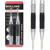 WHLLING 2-Piece Automatic Center Punch, 6 Inch Hardened Steel Spring Punch | Spring Loaded Center Hole Punch with Adjustable Knurled Cap for Machinists and Carpenters
