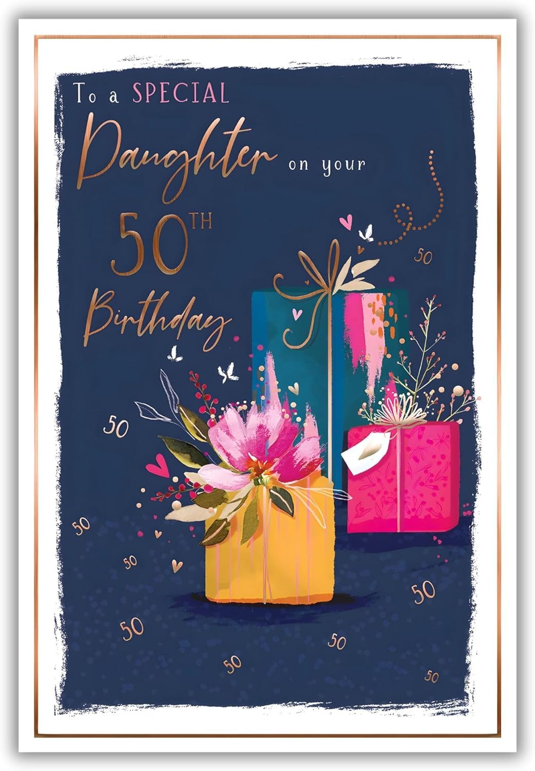 ICG Daughter 50th Birthday Card - Pink Roses, Birdcage & Little Present 9" x 6"