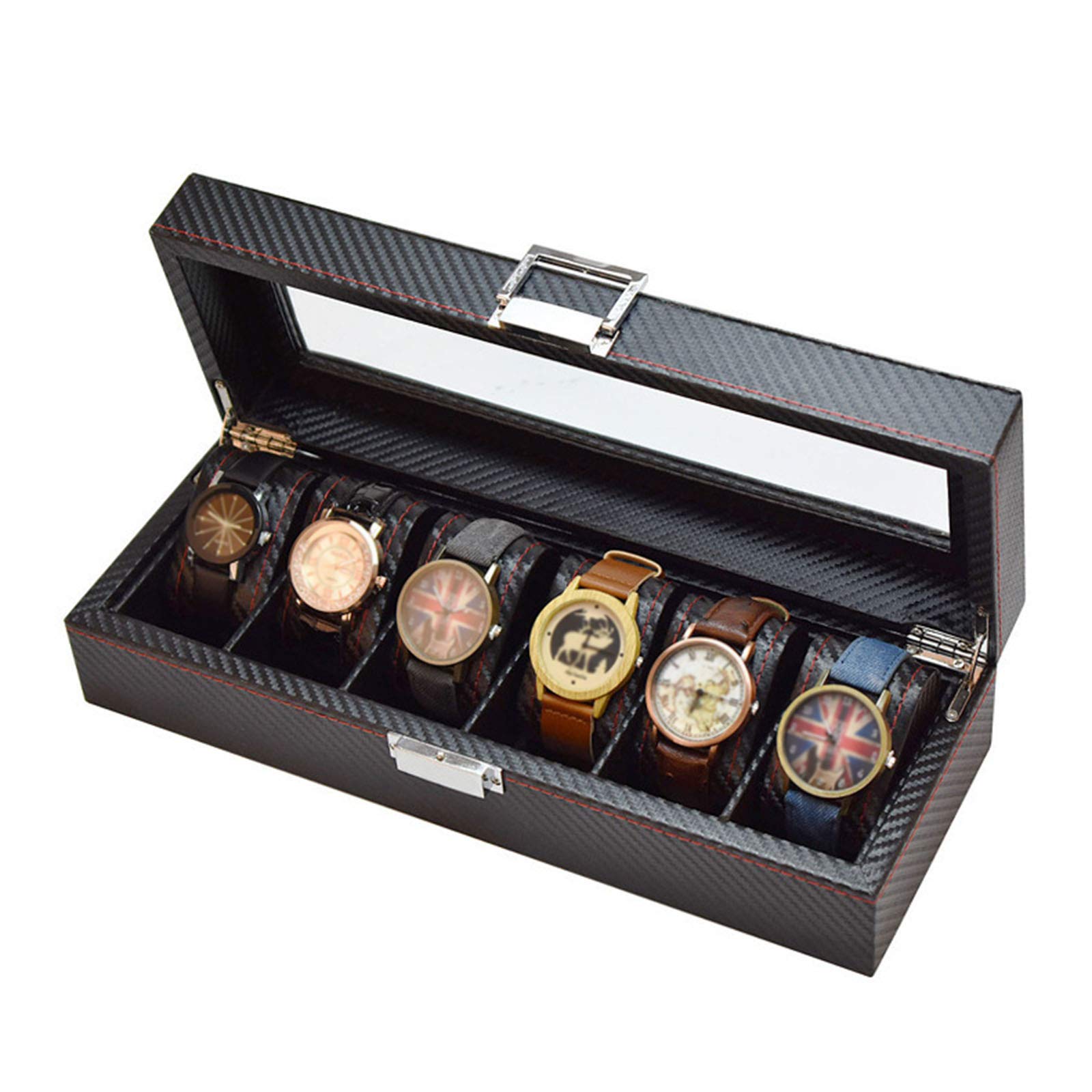 Watch Storage Box Watch Display Holder Case Leather Carbon Fiber Jewelry Bracelet Collection Organiser with Glass Lid (6 Slots)