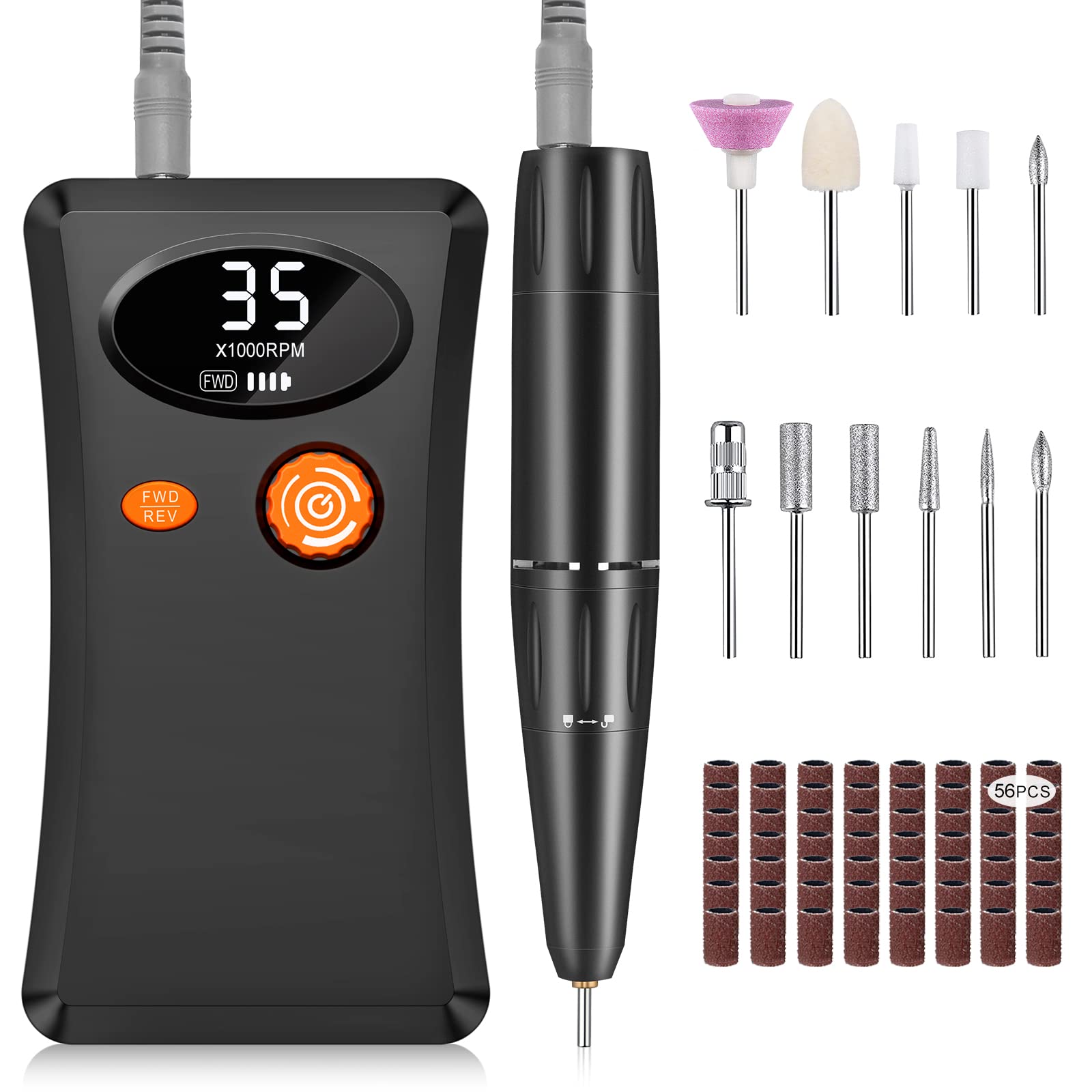 Electric Nail Files Professional,Urbuti Portable Nail Drill Machine for Acrylic and Gel Nails,35000RPM Rechargeable Electric Manicure Pedicure Set (Black)