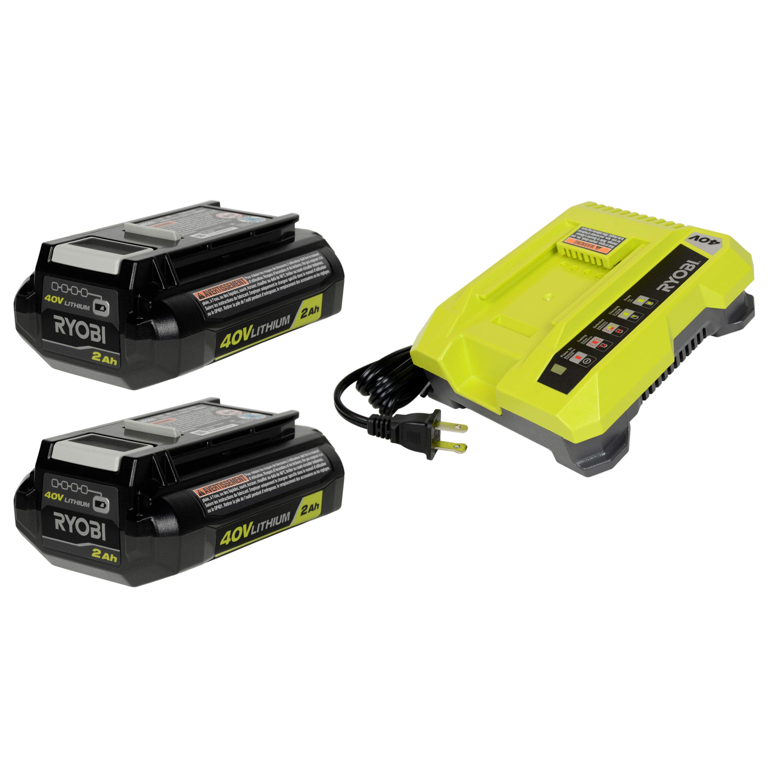 Ryobi (1) OP401 40 Volt Lithium-Ion Battery Charger (2) OP40201 40 Volt 2Ah Lithium-Ion Battery Pack