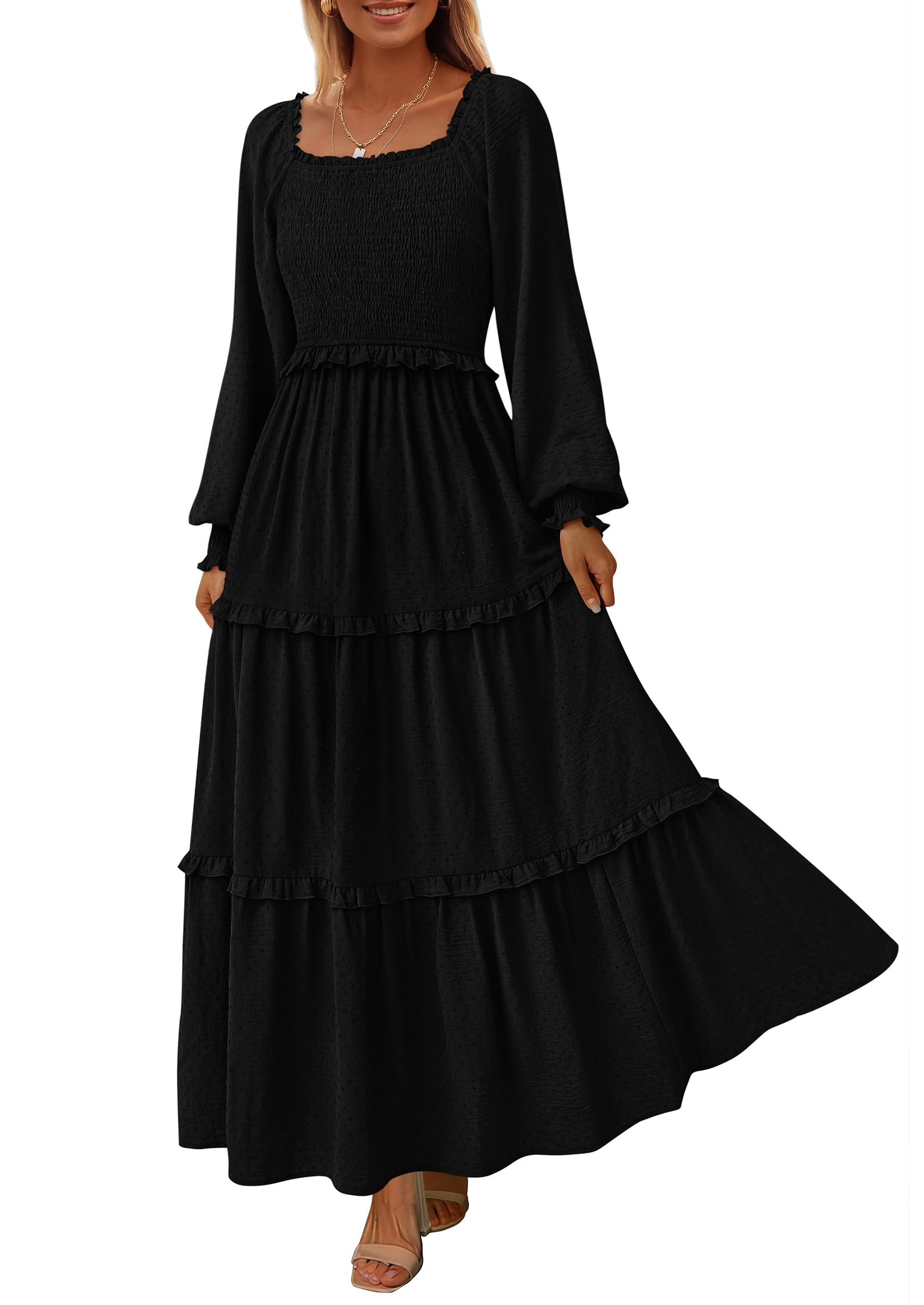 Photo 1 of PRETTYGARDEN Fall Dresses for Women 2025 Long Sleeve Smocked Square Neck Swiss Dot Tiered Flowy Wedding Guest Maxi Dress (Black,X-Large)