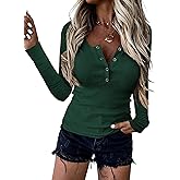 BTFBM Women Long Sleeve Shirts Fall Tops V Neck Button Up Henley Shirts Slim Fit Ribbed Knit Spring Casual T-Shirts 2026
