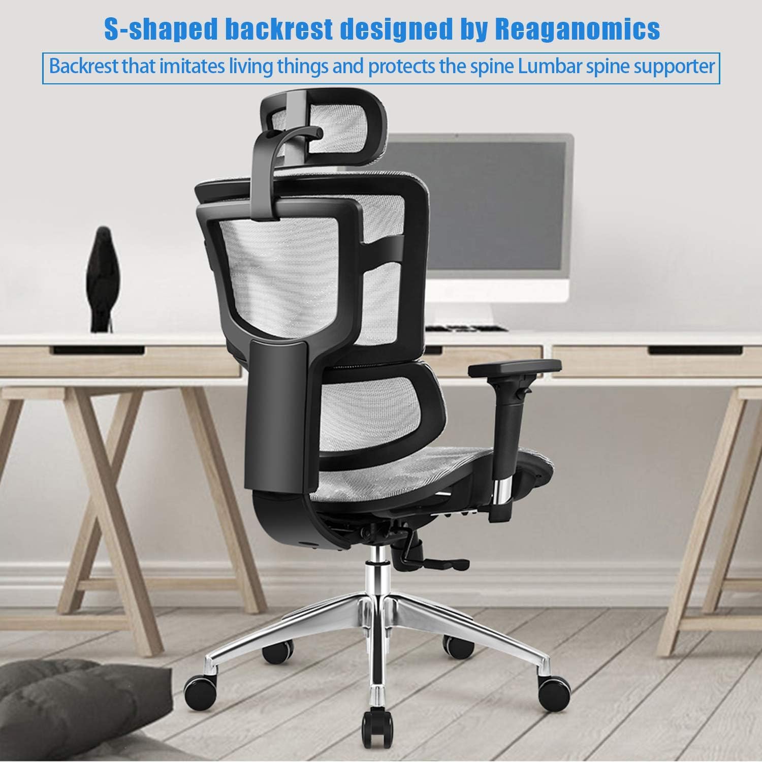 Office Chair Ergonomic with 3D Lumbar Support and Rollerblade Wheels,Seat Depth Adjustment,Executive Office Chair with High Back and All Mesh Design(Black): Kitchen & Dining