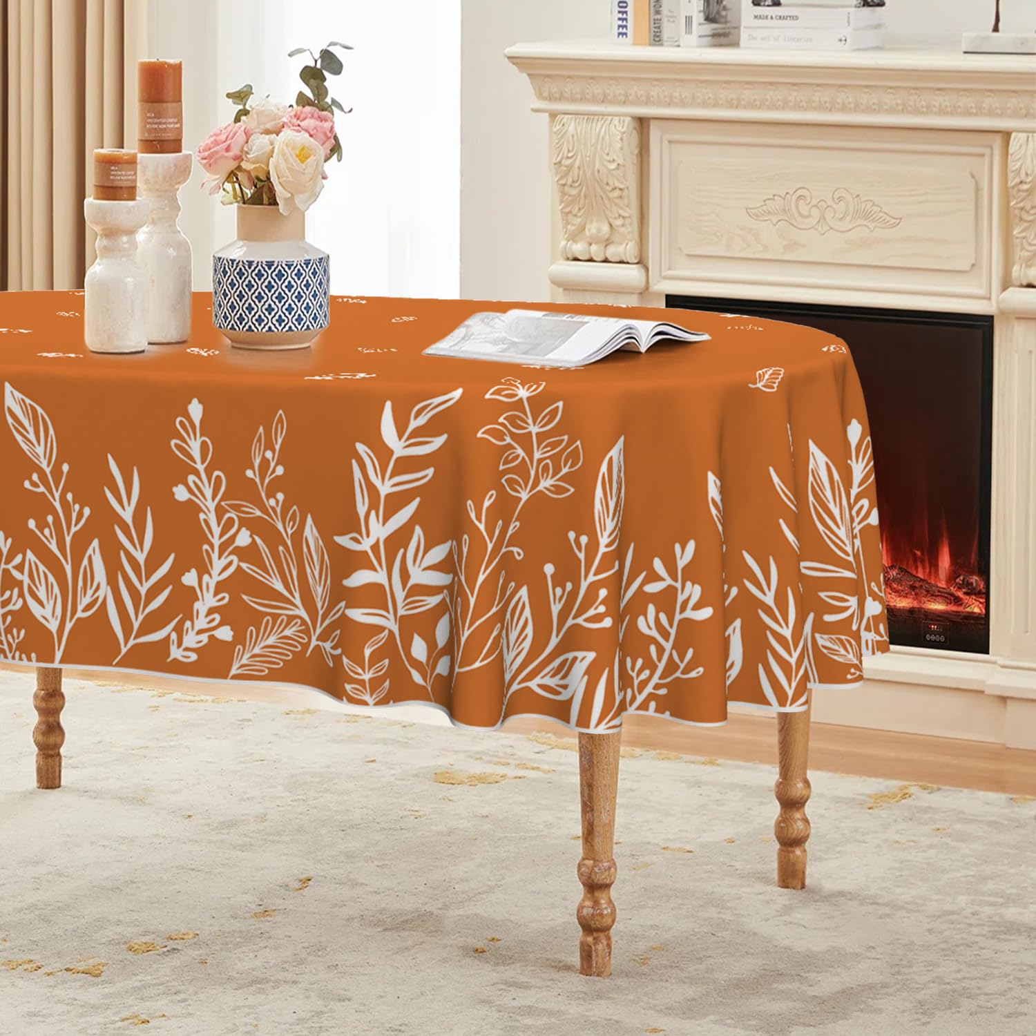 Photo 1 of Horaldaily Fall Tablecloth 60×84 Inch Oval, Thanksgiving Autumn Harvest Orange Wild Flowers Table Cover for Party Picnic Dinner Decor