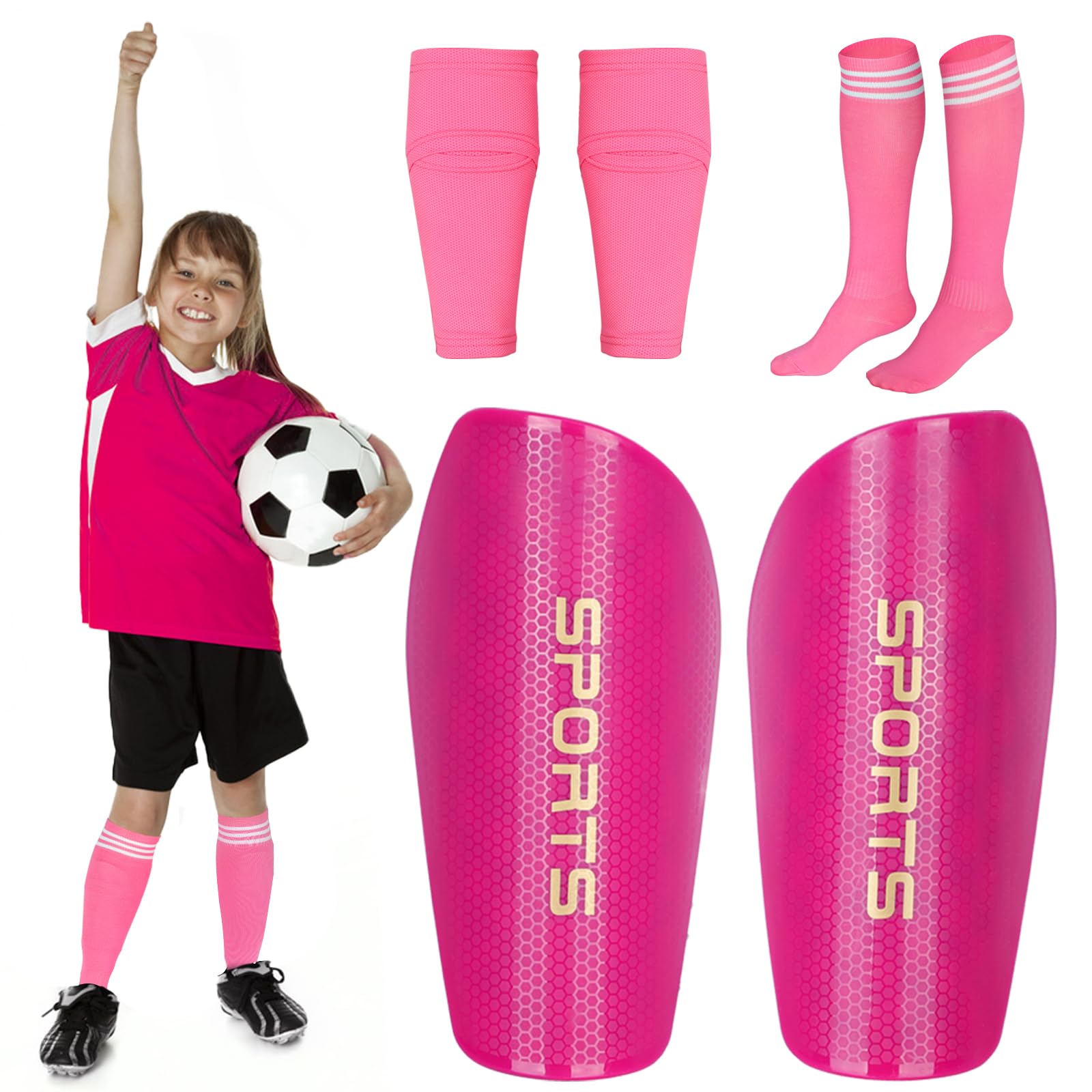Photo 1 of Soccer Shin Guards for Kids Youth Adults, Shin Pads Set with Shin Sleeves and Long Soccer Socks for Boys Girls Women, Lightweight Soccer Equipment (Rose Red, M)