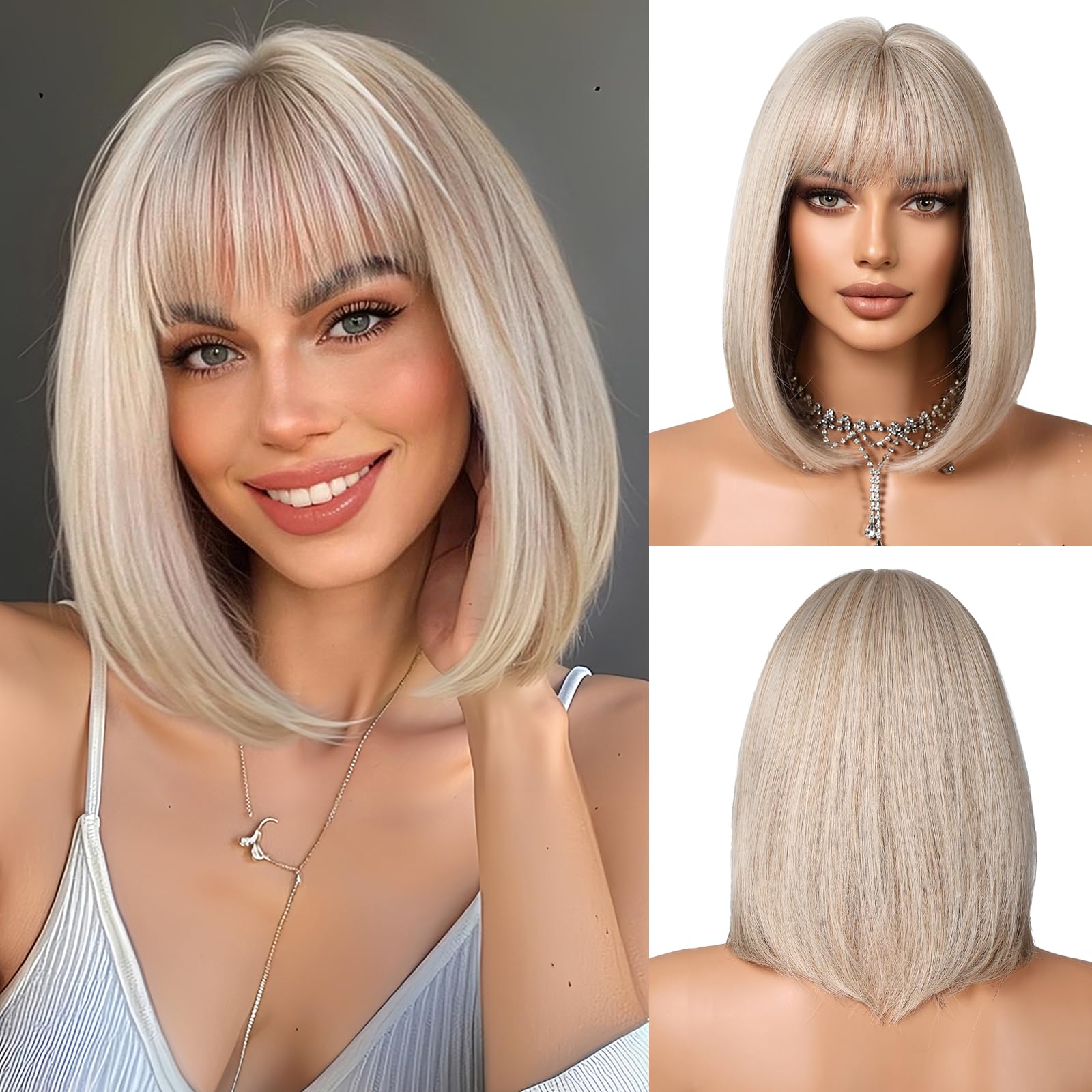 OUFEI Platinum Blonde Bob Wig With Bangs Short Straight Wig For Women Synthetic Hair Wigs for Daily Party Cosplay Wear