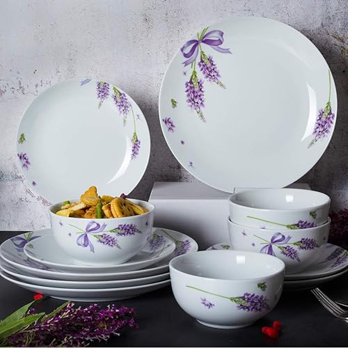 Xiteliy 12-Piece Porcelain Kitchen Dinnerware Set with Purple