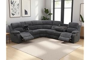 Anthato Manual Reclining Sectional Sofa Set, Living Room Furniture Sets, L-Shaped Sectional Couch, Comfy 6-Seat Corduroy Fabric Recliner Couch with Coffee Table/Cup Holders/Storage for Office, Grey