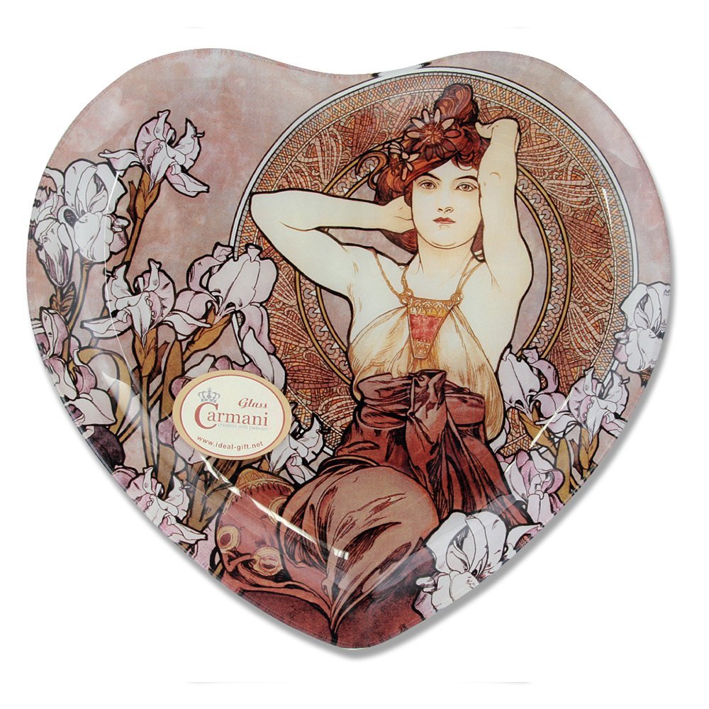 Carmani - Decorative Heart Shaped Plate printed with Mucha painting, Amethyst 25x23cm