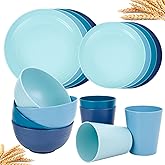 Rubtlamp 16pcs Wheat Straw Dinnerware Set, Unbreakable Plates And Bowls Sets of 4, Plastic Plates Set Reusable (Light Deep Four Colors) Daily