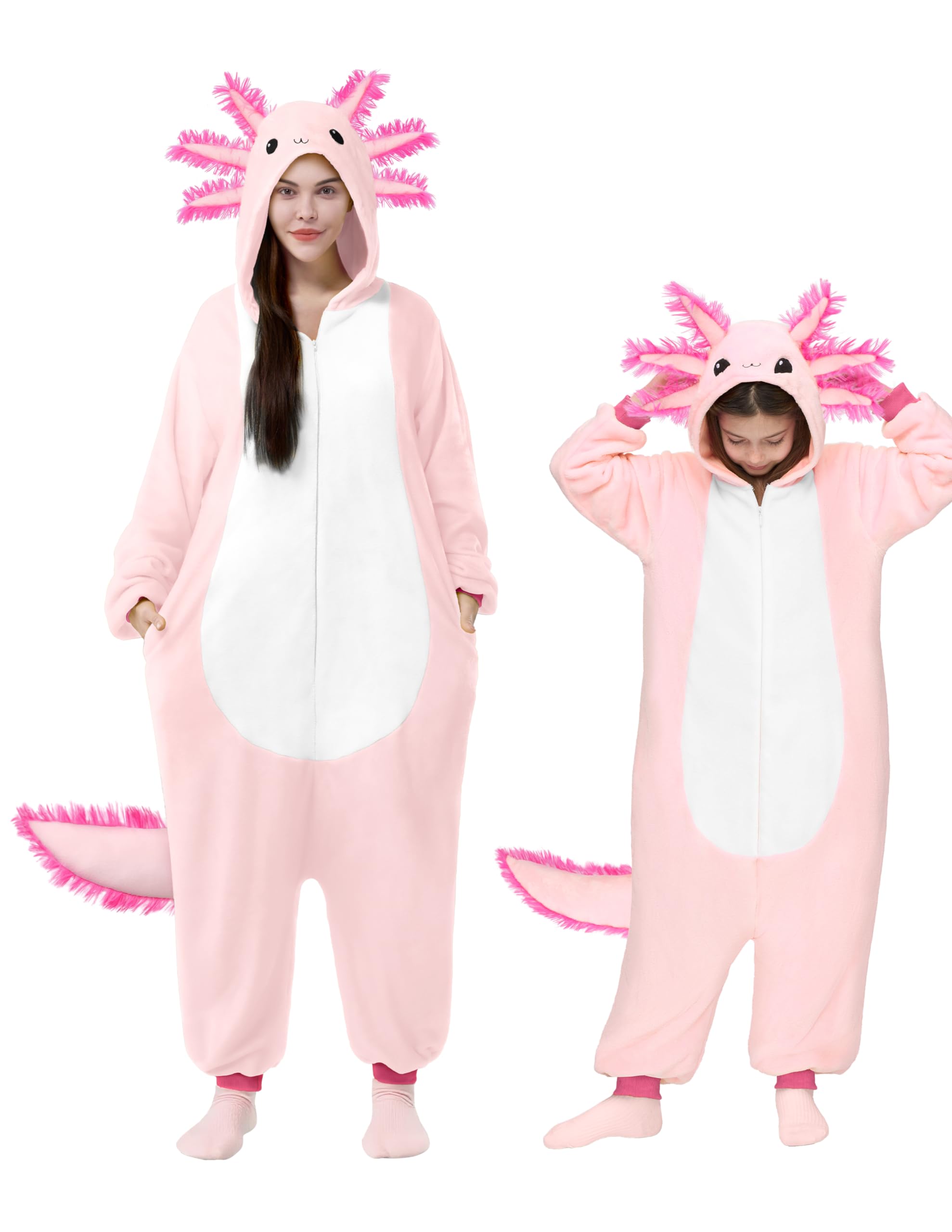 Photo 1 of Spooktacular Creations Halloween Axolotl Costume, Adult Axolotl Pajama, Hooded Jumpsuit for Women Halloween Dress Up Party Pink