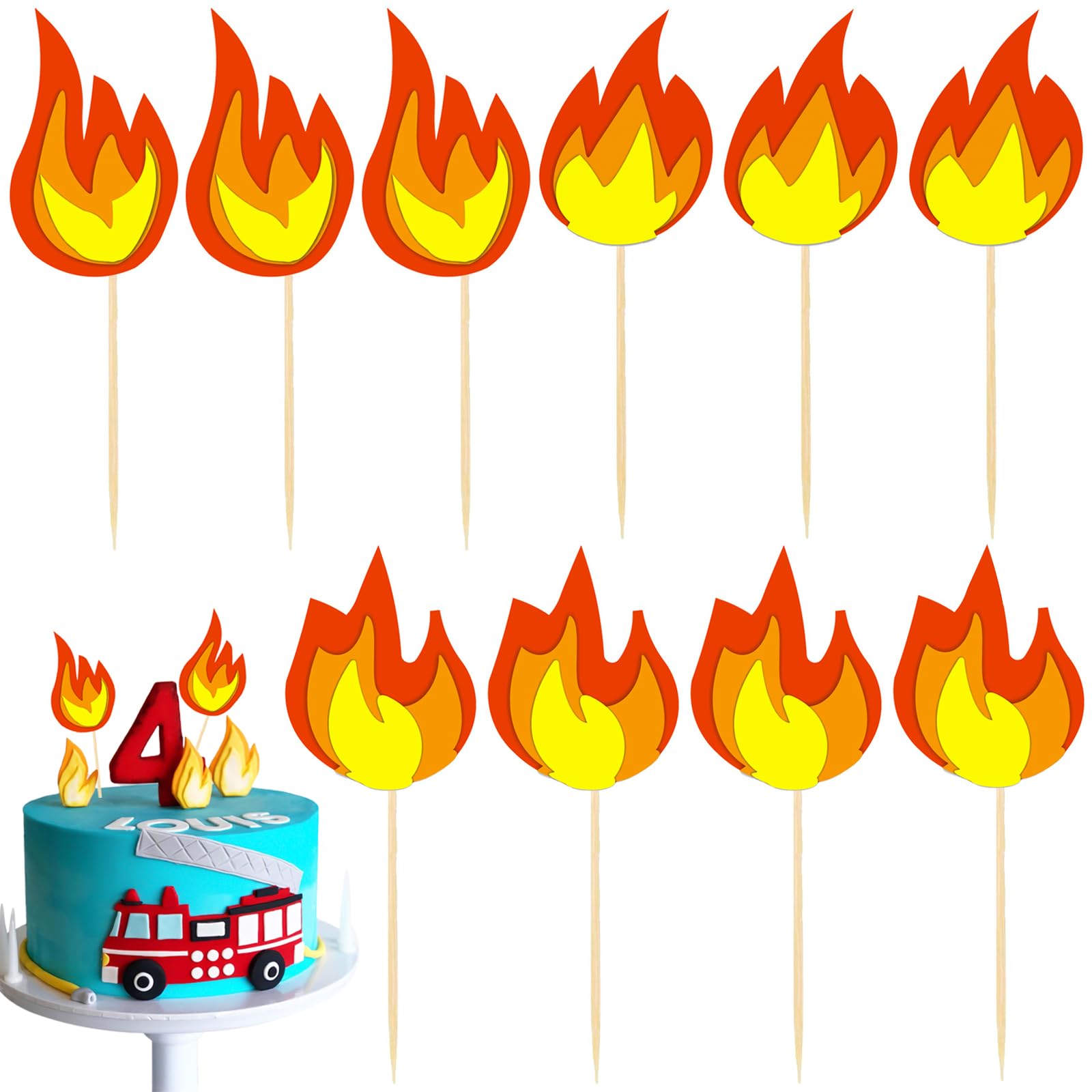 Photo 1 of 10 PACK Fire Truck Cake Topper, Fire Truck Birthday Party Supplies, Fire Cake Pick Fire Flame Cake Decorations, Paper Cards and Wooden Sticks Fake Campfire, Fire Truck Party Supplies