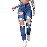 Floerns Women's High Waist Boyfriend Straight Leg Ripped Jeans Distressed Denim Pants Grey