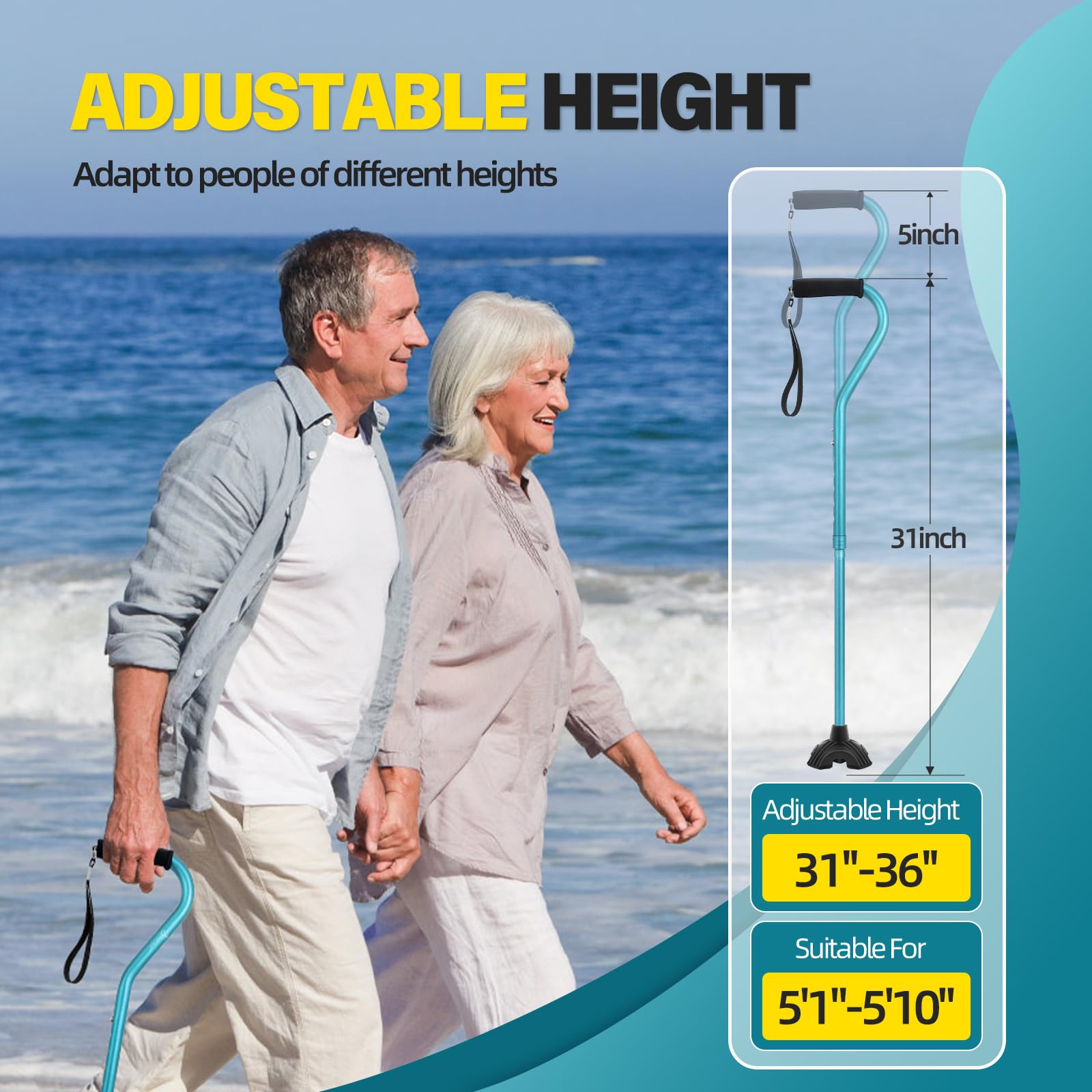 BeneCane Walking Cane Adjustable Cane with Offset Soft Cushioned Handle for Men & Women Lightweight Comfortable Extra Stability Base Mobility Aid for Men Women and Seniors