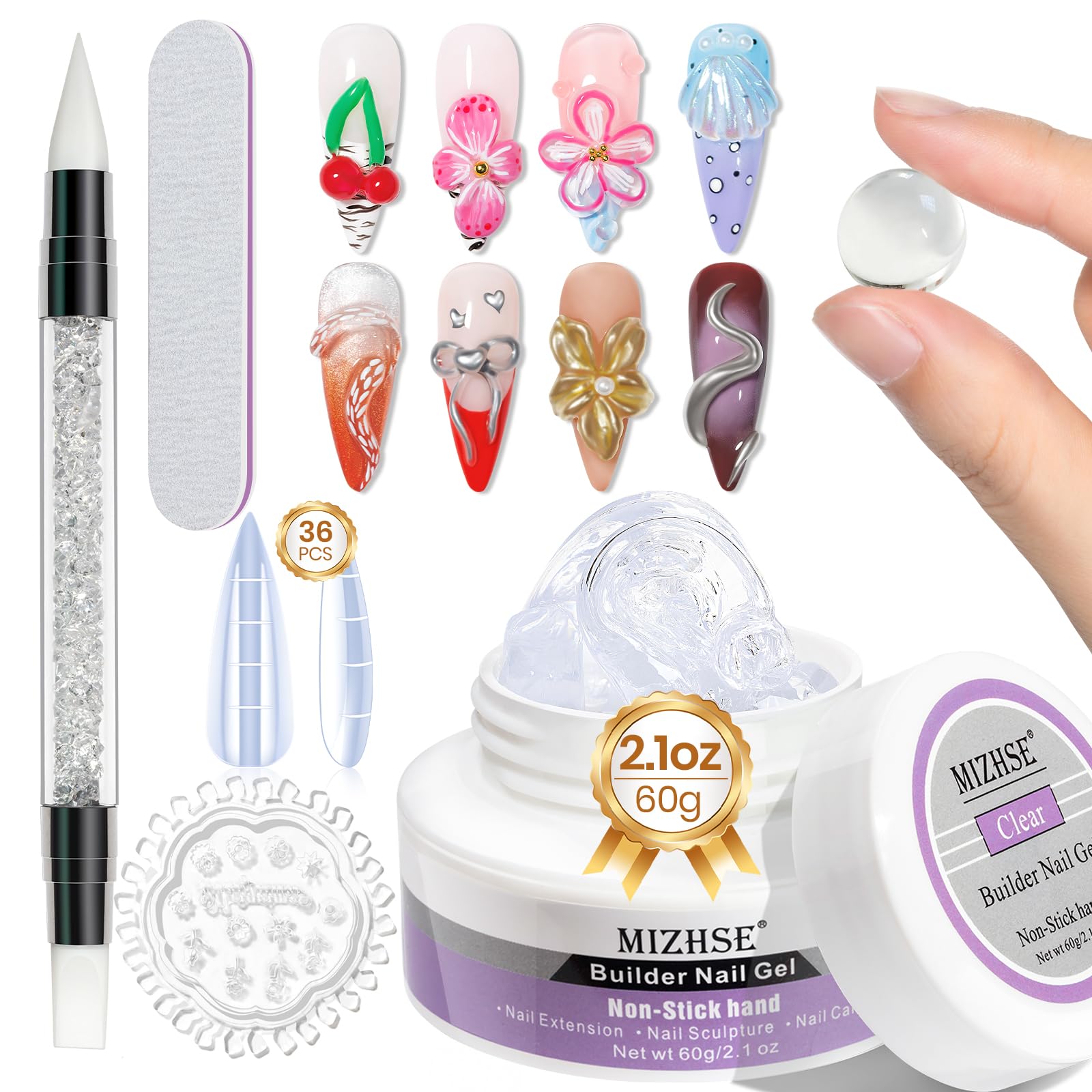 MIZHSE 60g 3D Nail Gel Sculpting Gel Solid Builder Gels Kit Clear Non-Stick Hand Extension Gels with Pen, Silicone Forms, 36 Nail Tips for Beginners & Salon Professionals Soak off UV/LED